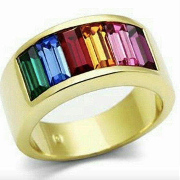 Gold Silver rainbow band Ring Size 5 10 11 crystal stones - Picture 2 of 8
